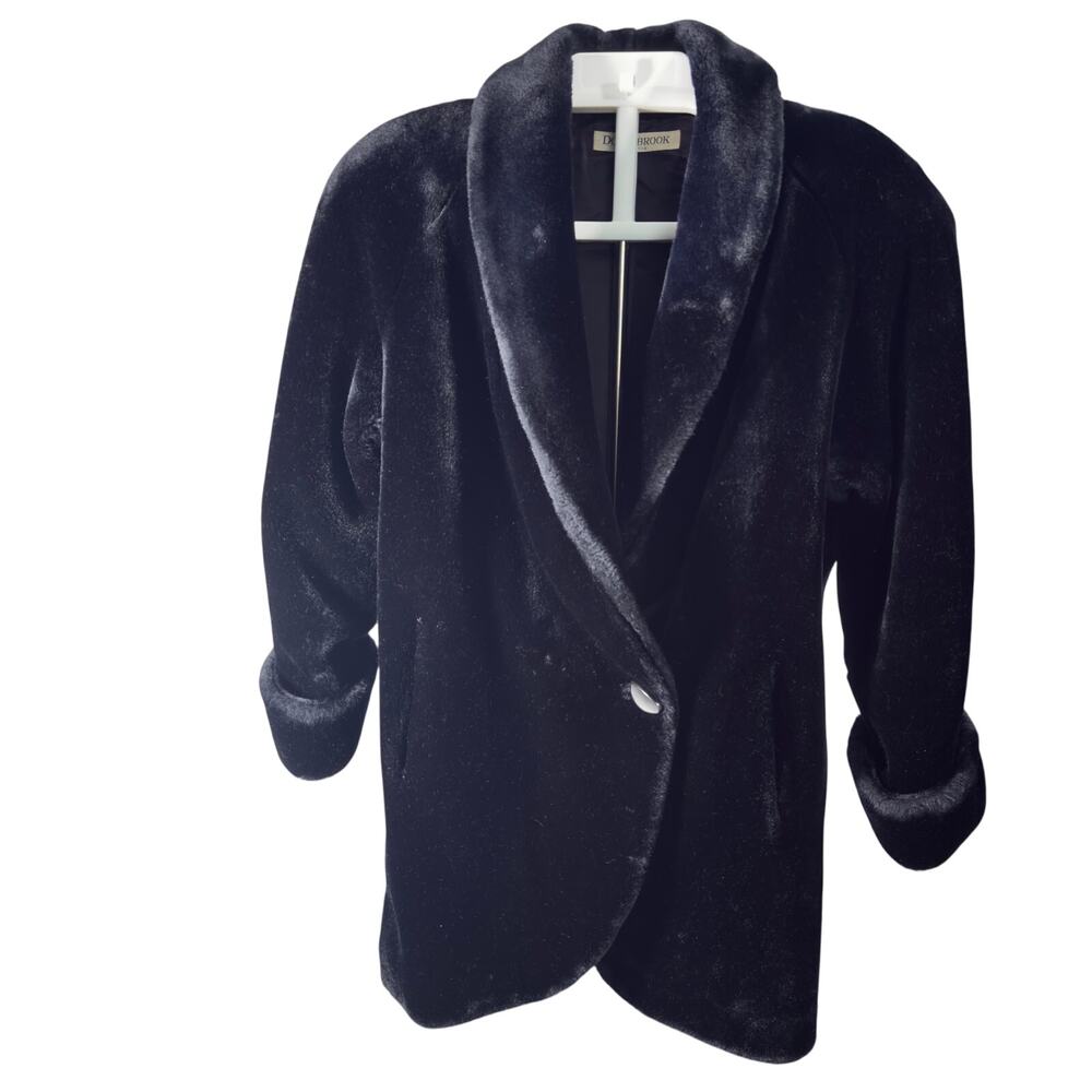 Donnybrook Vintage Faux Fur Coat Shimmery Black Lined Cozy Shawl Collar Gorpcore